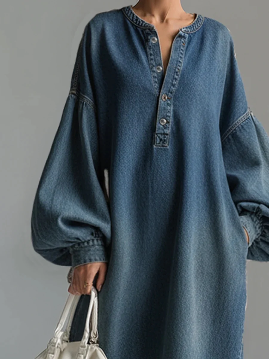 Lantern Sleeve Midi Denim Skirt - Image 4