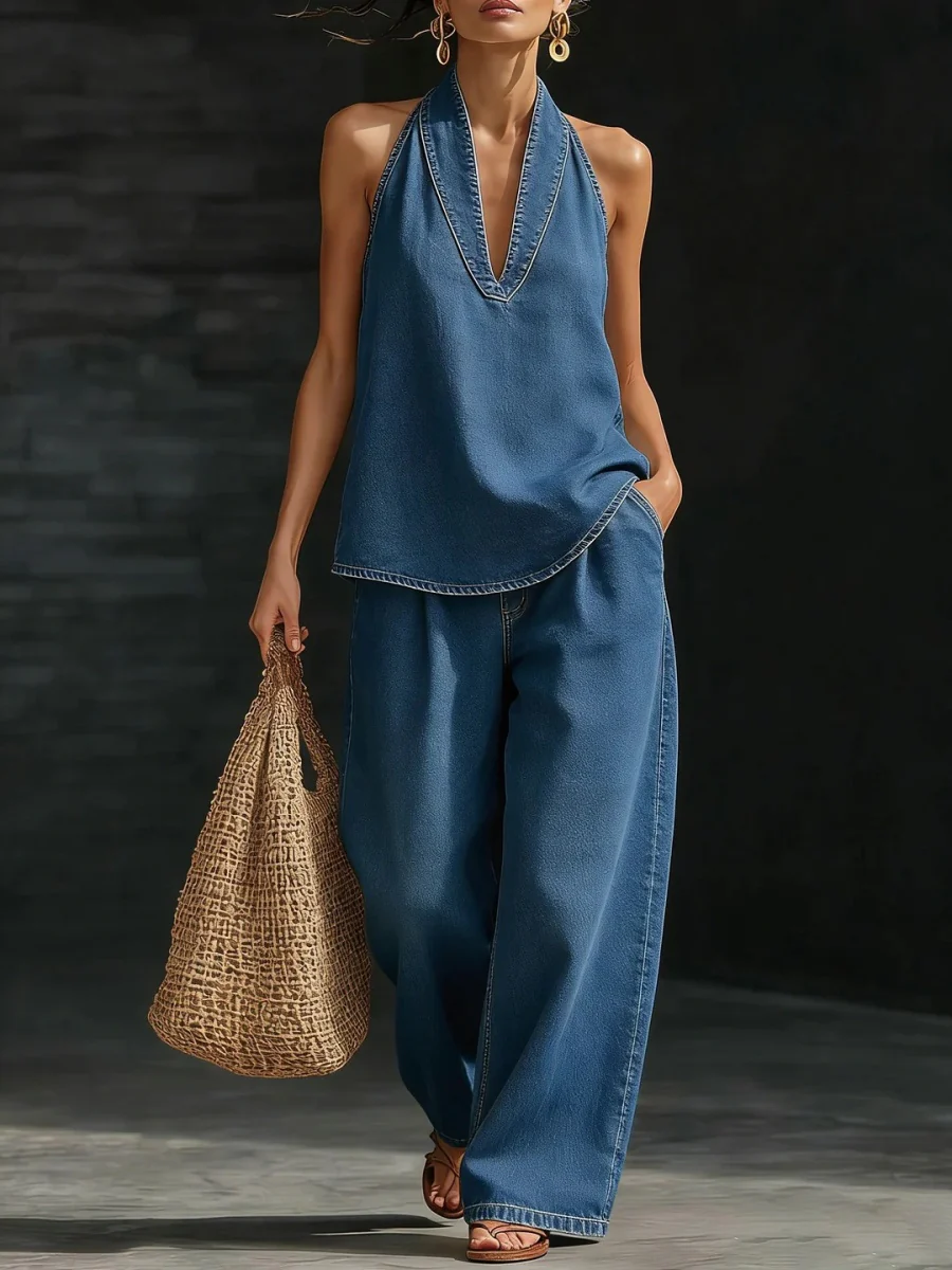 Vintage Distressed Washed Denim Sleeveless Top And Loose-fitting Trousers Two-piece Set - Image 5