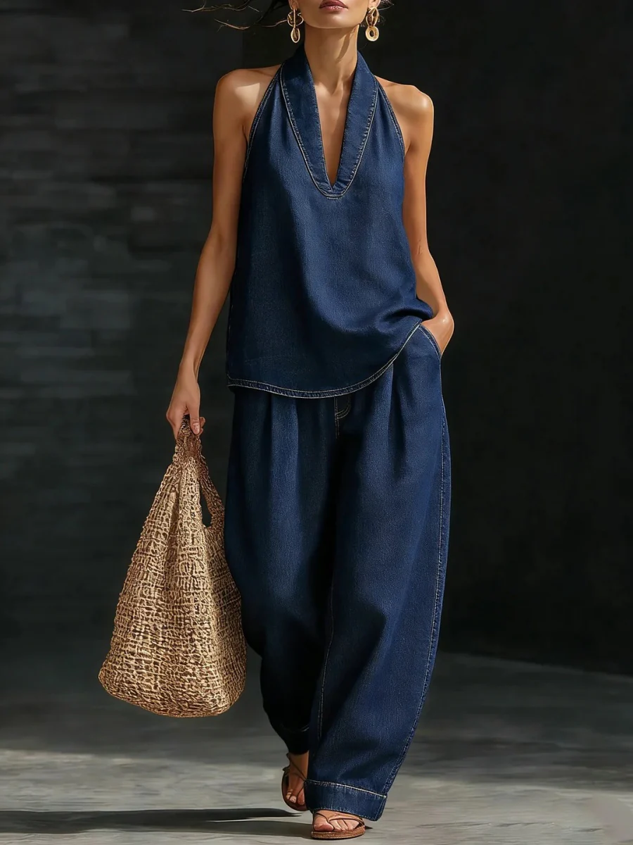Vintage Distressed Washed Denim Sleeveless Top And Loose-fitting Trousers Two-piece Set - Image 6