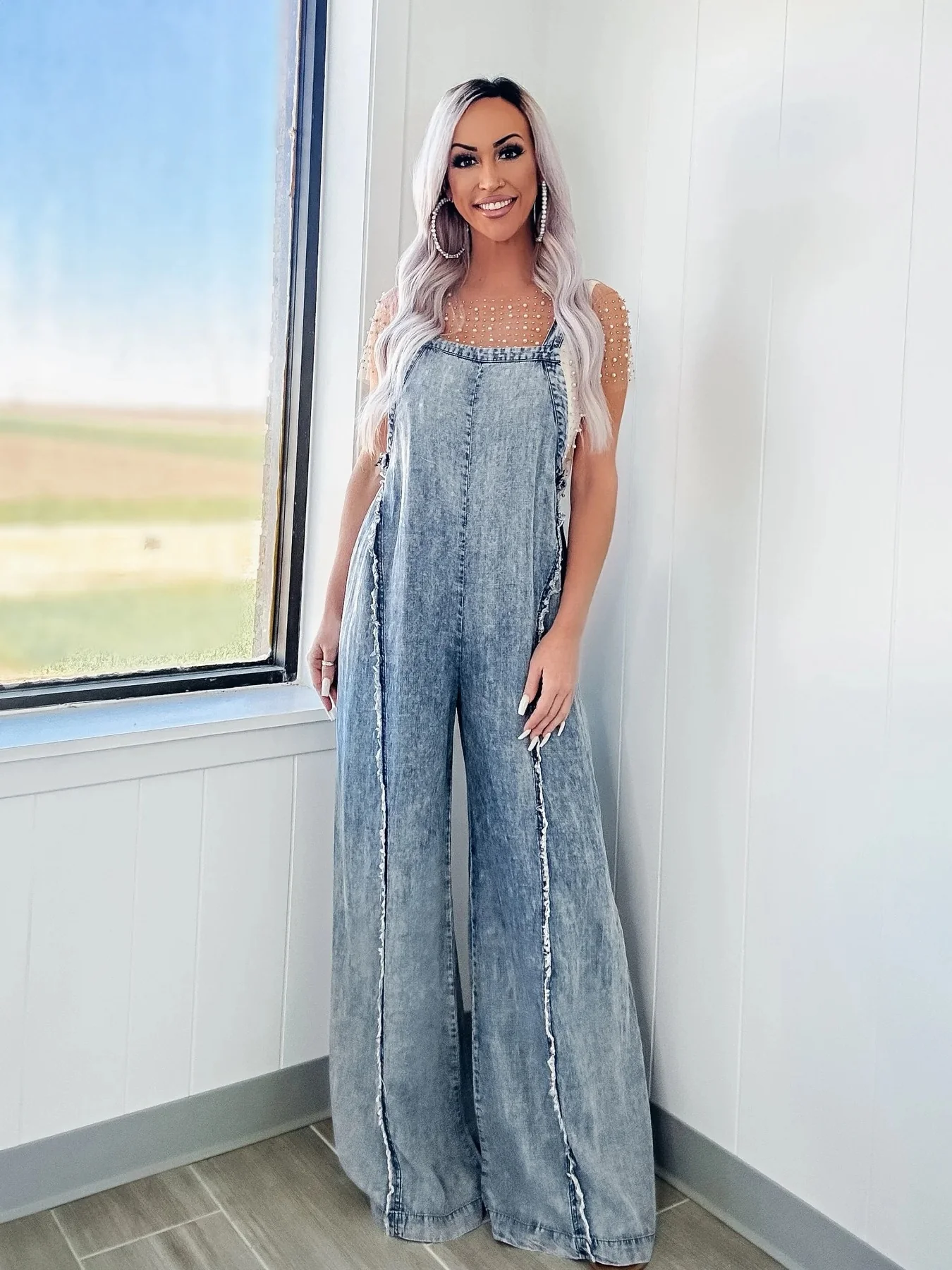 Washed Wide-leg Jumpsuit With Frayed Edges - Image 3