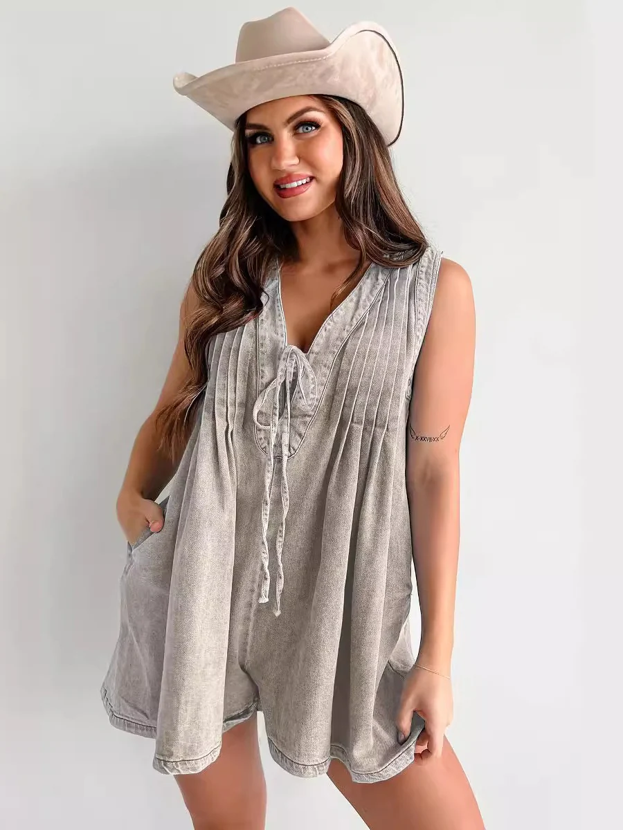 Sleeveless Short-sleeved Denim Jumpsuit - Image 11