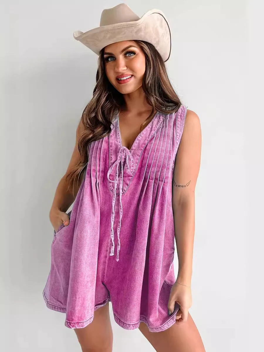Sleeveless Short-sleeved Denim Jumpsuit - Image 12