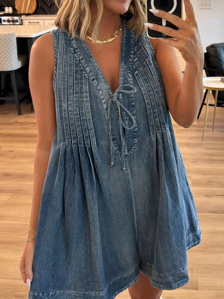 Sleeveless Short-sleeved Denim Jumpsuit - Image 7