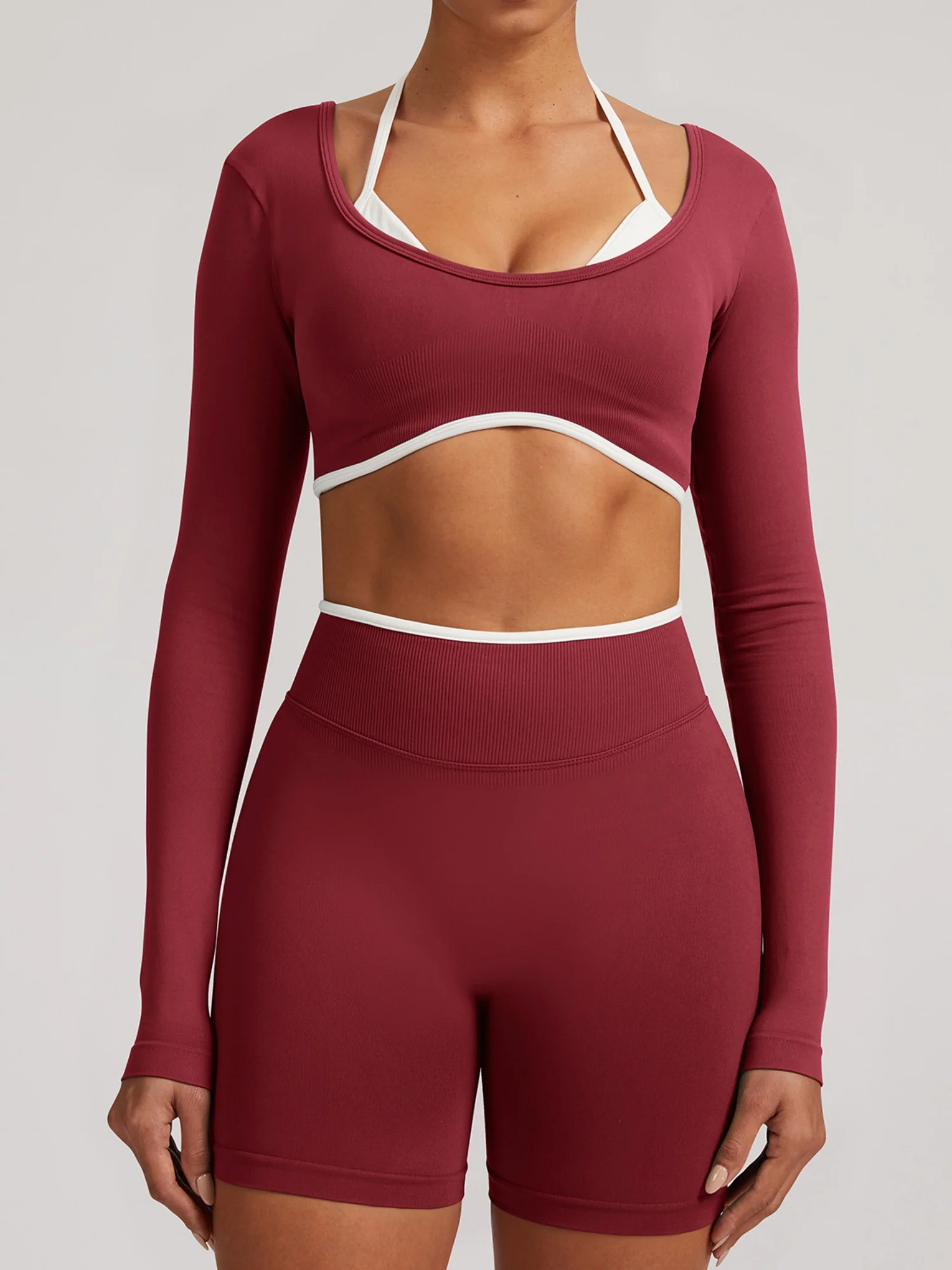 Seamless Faux Two-Piece Exercise And Fitness Yoga Long-sleeved Top