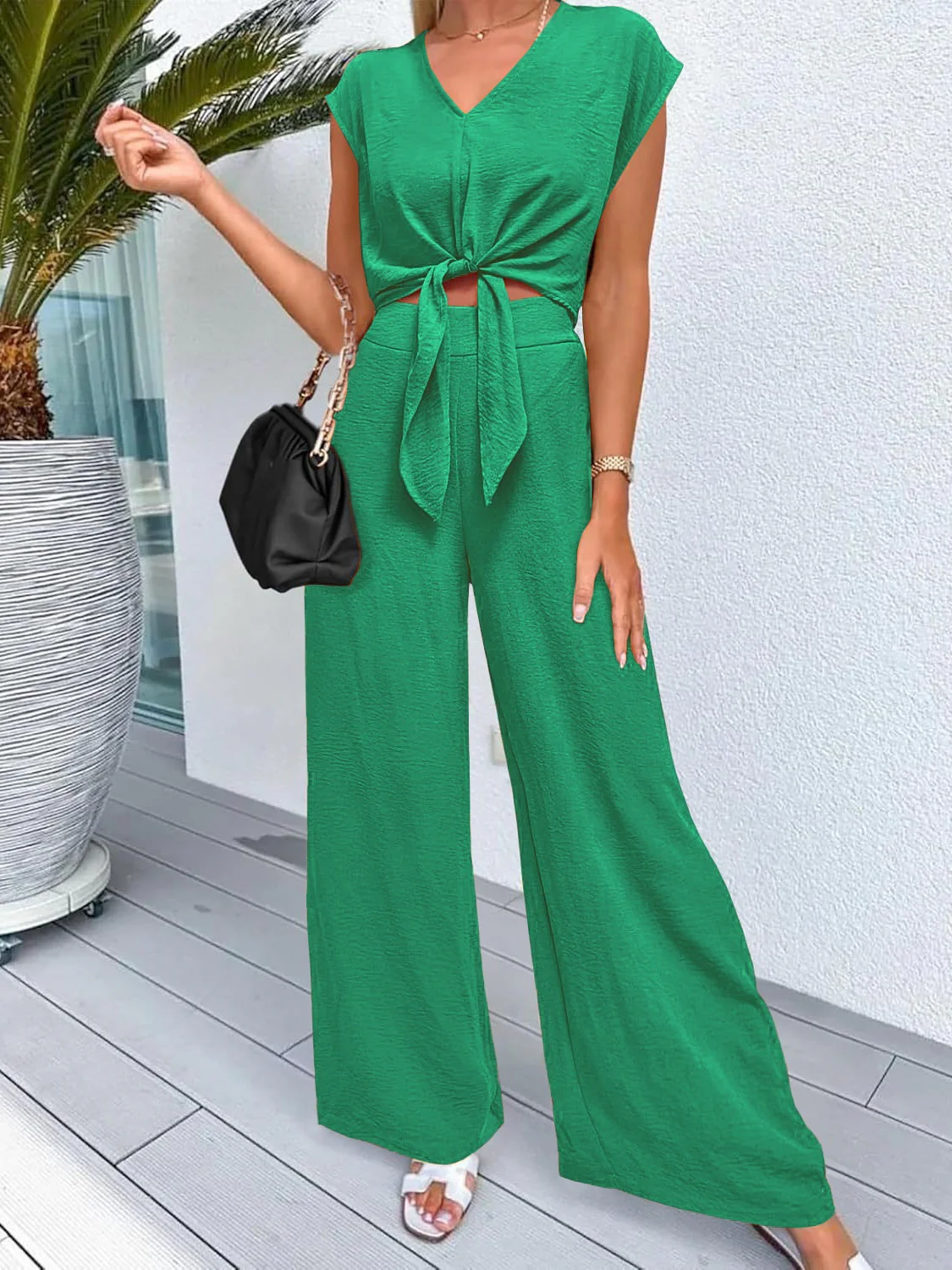 V-neck Tie-up Cropped Wide-leg Pants Two-piece Set - Image 15