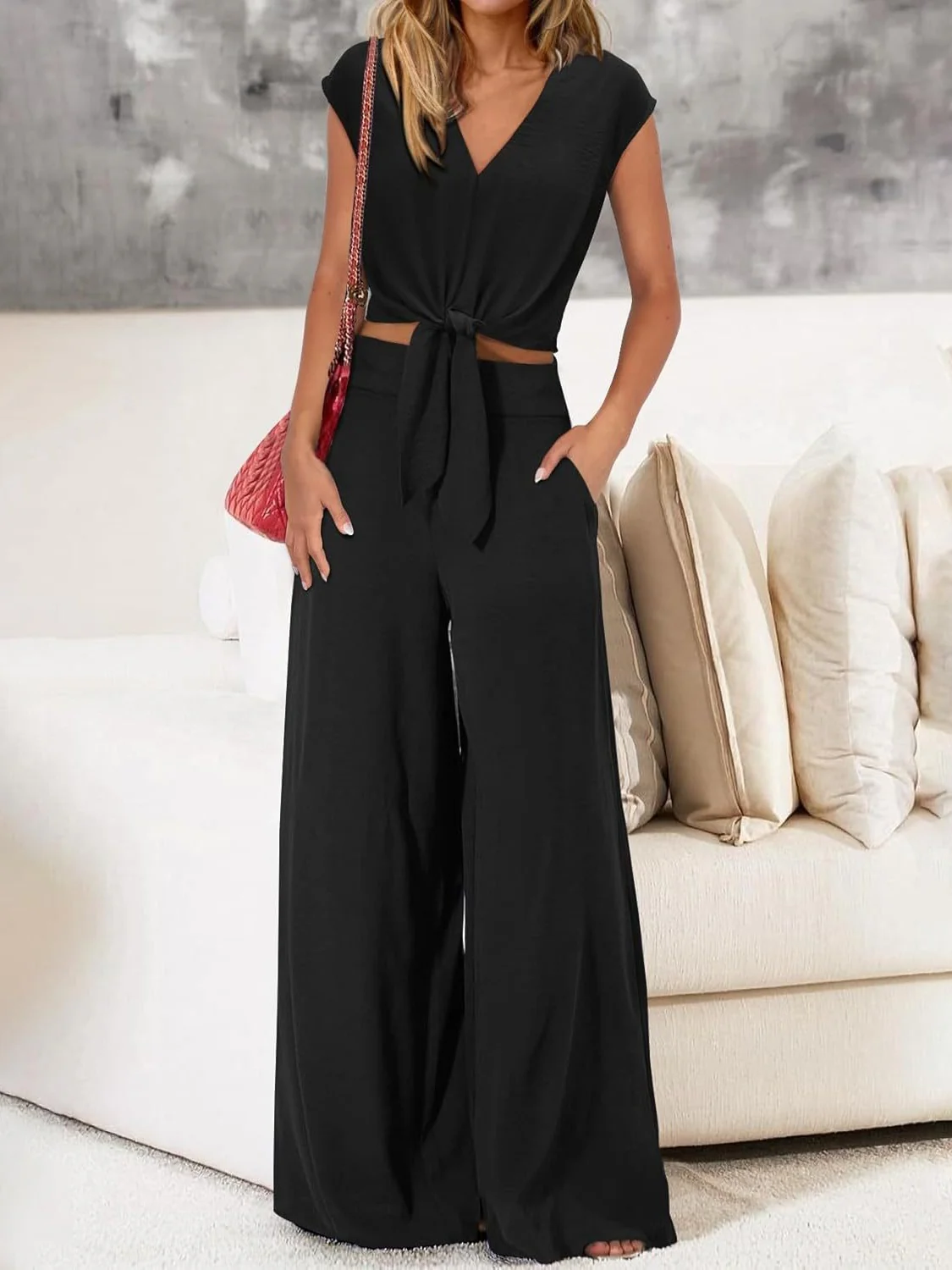 V-neck Tie-up Cropped Wide-leg Pants Two-piece Set - Image 5
