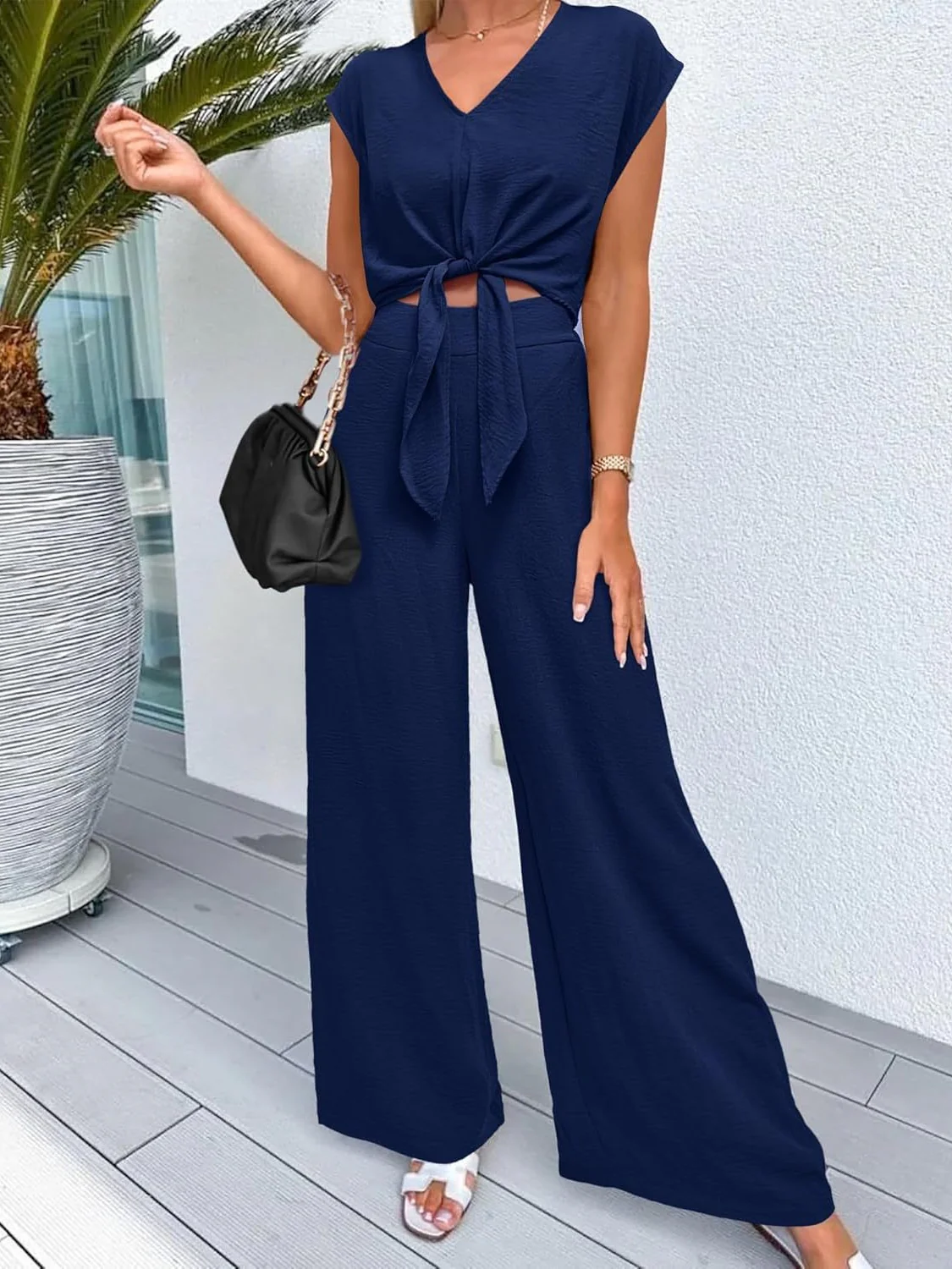V-neck Tie-up Cropped Wide-leg Pants Two-piece Set - Image 7