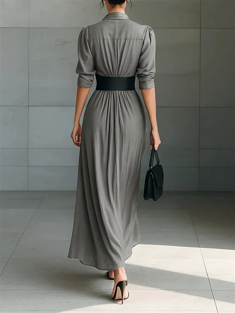 Long Collared Button-down Shirt Dress With Belt - Image 3