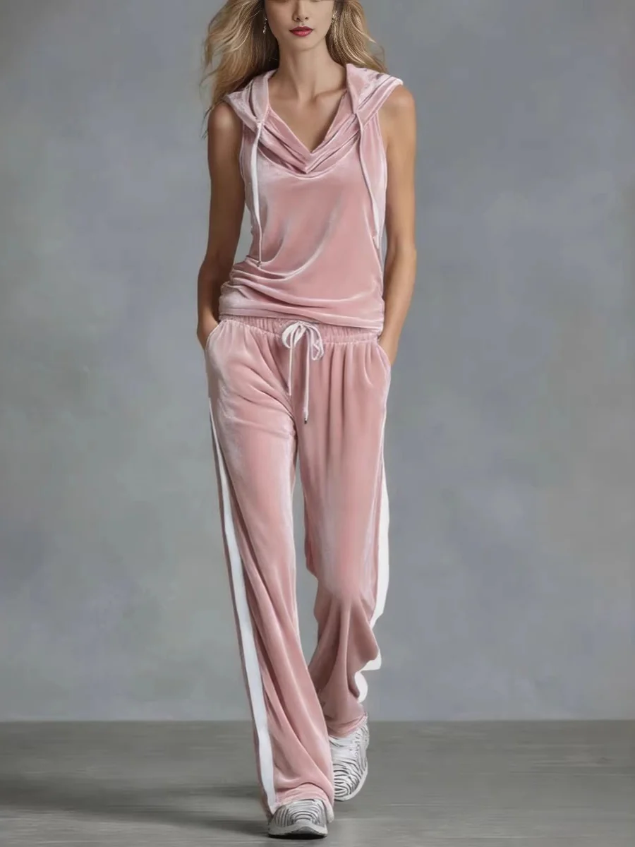 Sleeveless Sporty Casual Comfortable Hooded Velvet Two-Piece Set - Image 3