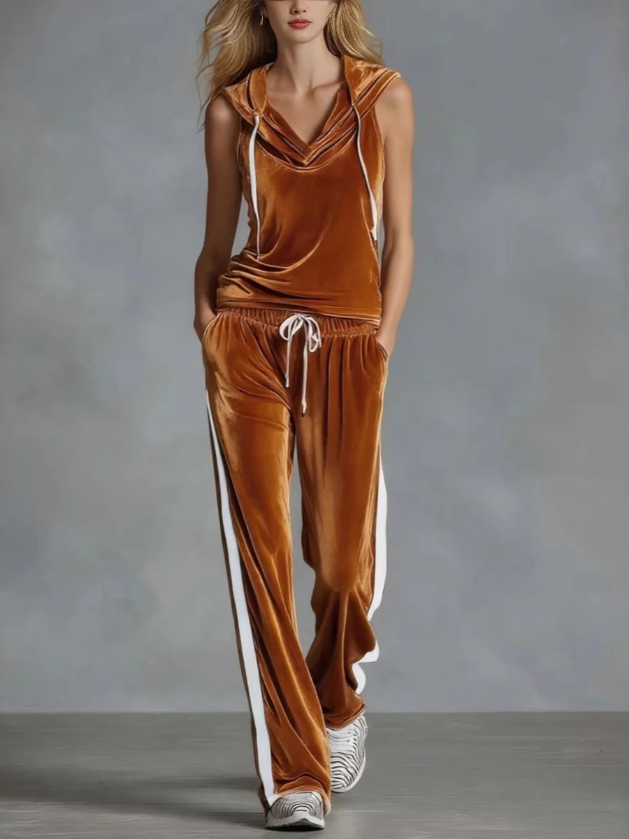 Sleeveless Sporty Casual Comfortable Hooded Velvet Two-Piece Set - Image 4