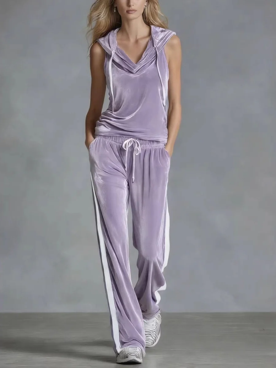 Sleeveless Sporty Casual Comfortable Hooded Velvet Two-Piece Set - Image 5