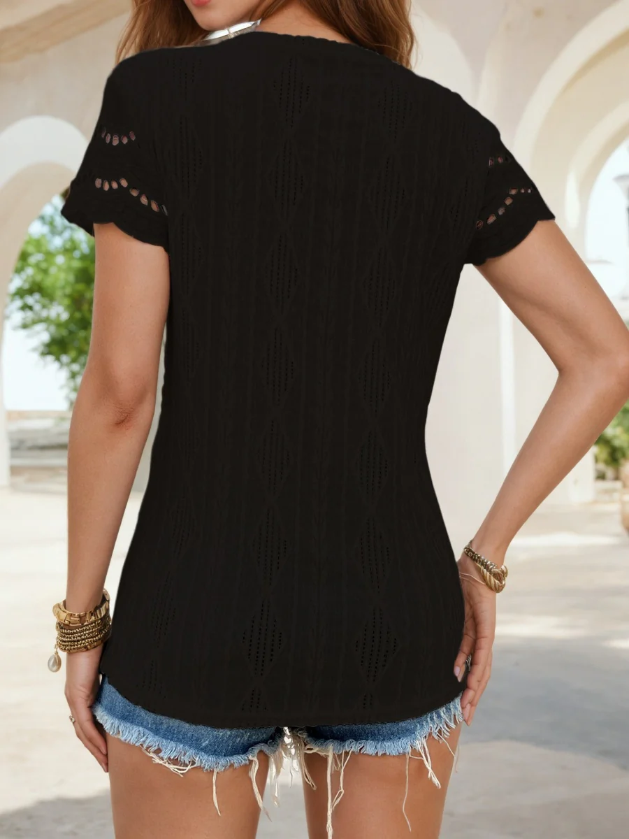 Hollow Jacquard Crew Neck Loose-fit Short Sleeve T-shirts - Image 8