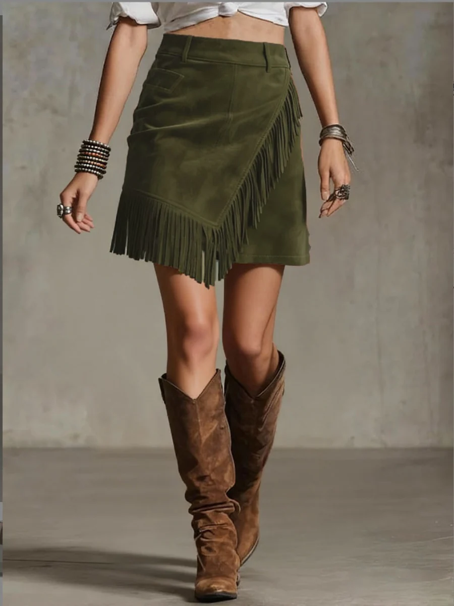 Temperament Grace Commuting Suede Tassel Skirts - Image 3