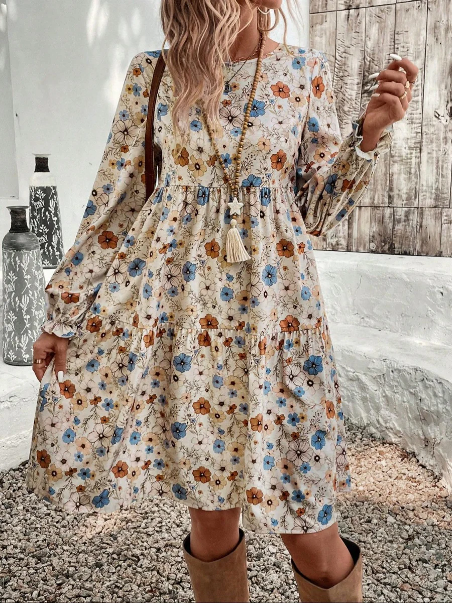 Floral Puff Sleeve Tie-waist Short Dress - Image 3