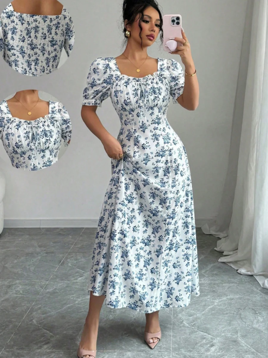 Floral Print Puff Sleeve Ruffle Long Dress