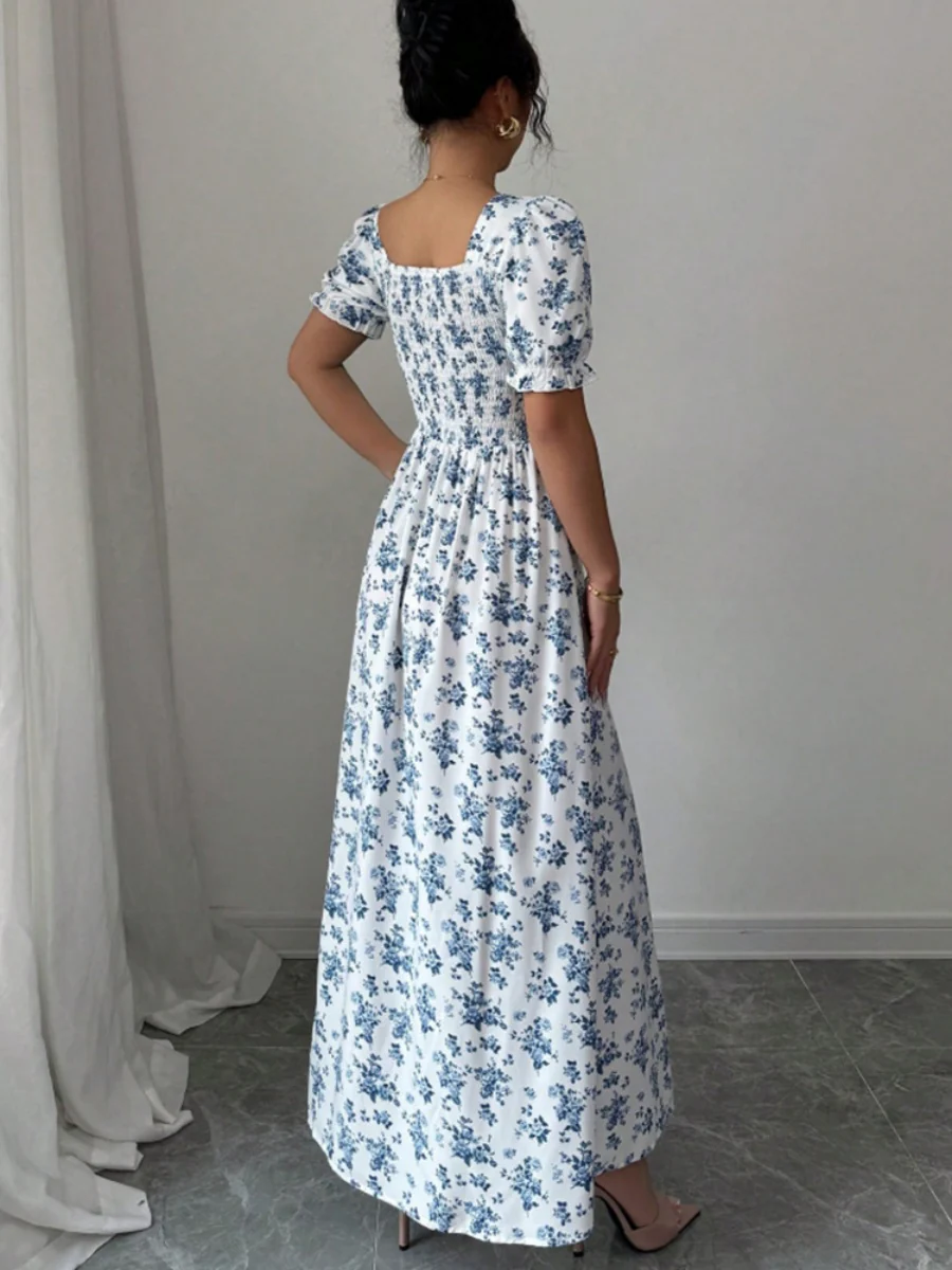 Floral Print Puff Sleeve Ruffle Long Dress - Image 2