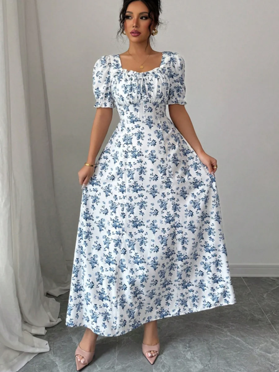 Floral Print Puff Sleeve Ruffle Long Dress - Image 3