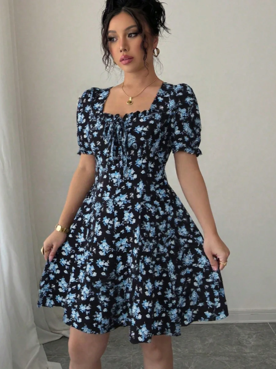 Floral Print Puff Sleeve Bow Tie Short Dress - Image 4