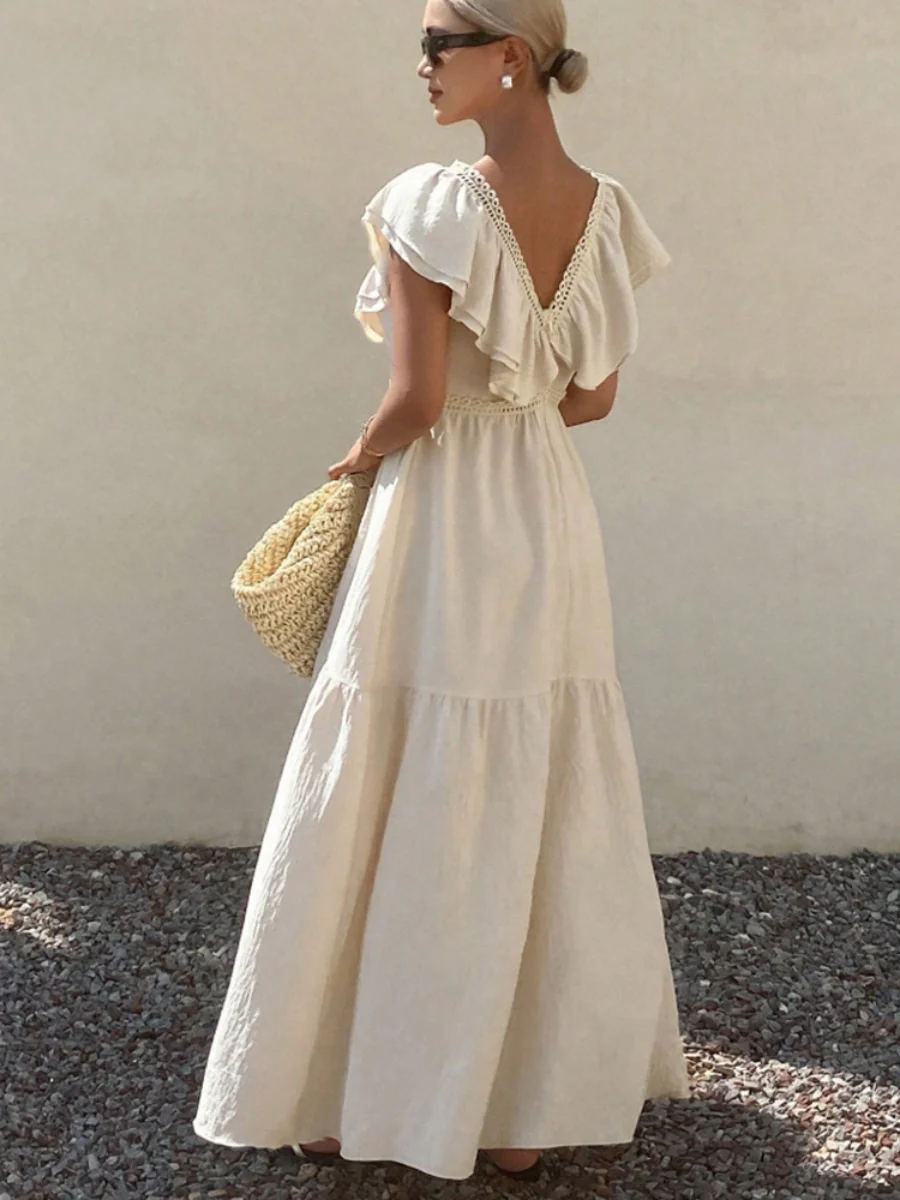 Lace-trimmed Loose-fitting V-neck Apricot Long Dress - Image 2