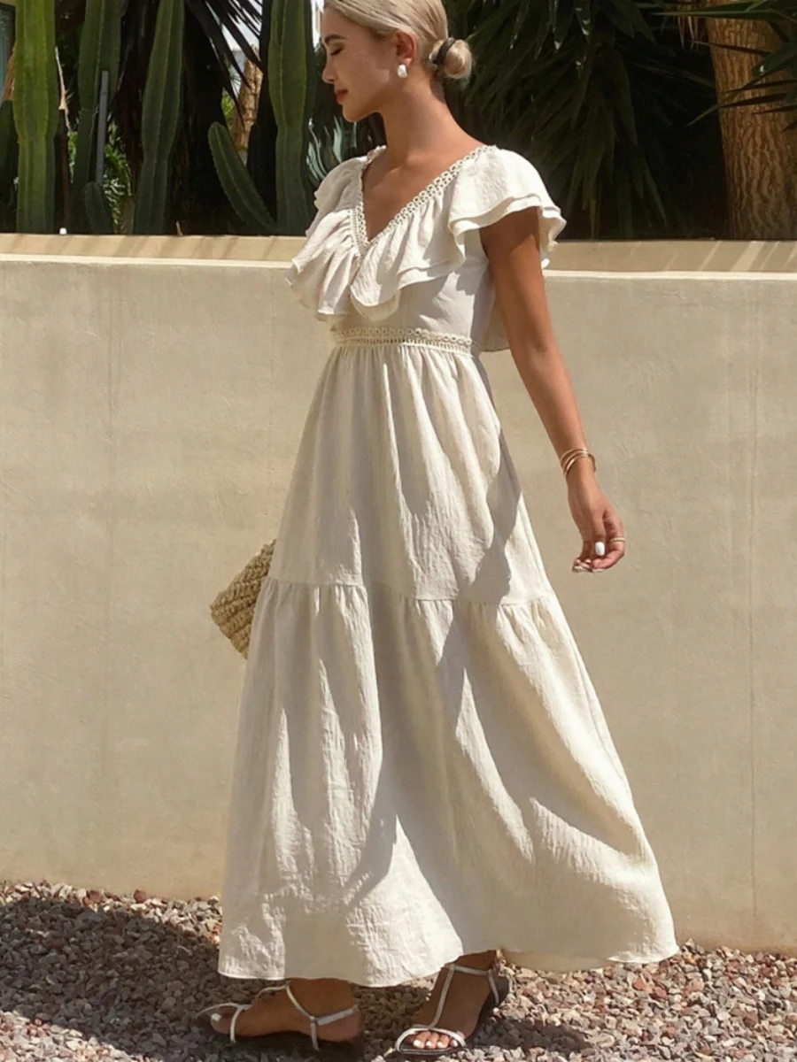 Lace-trimmed Loose-fitting V-neck Apricot Long Dress - Image 3