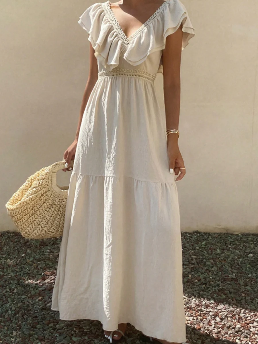 Lace-trimmed Loose-fitting V-neck Apricot Long Dress - Image 4