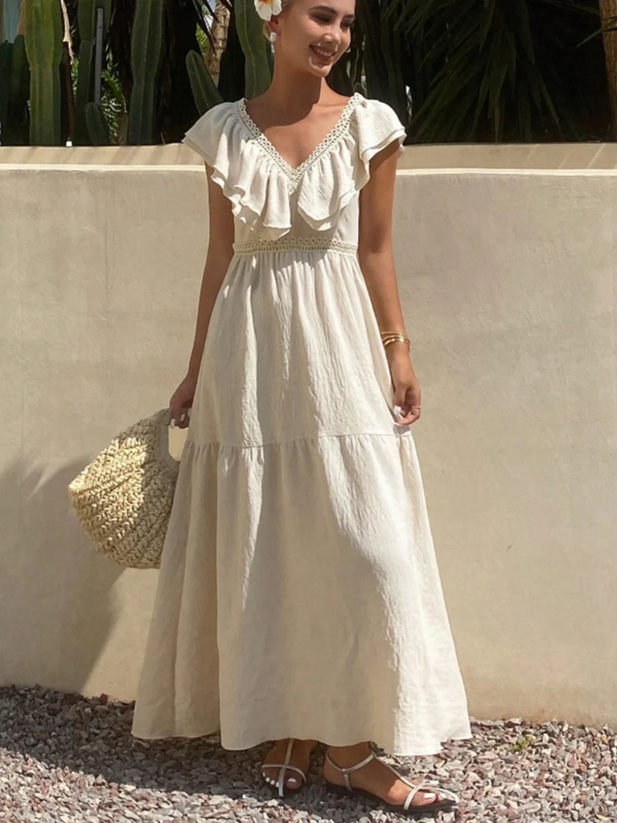 Lace-trimmed Loose-fitting V-neck Apricot Long Dress - Image 5