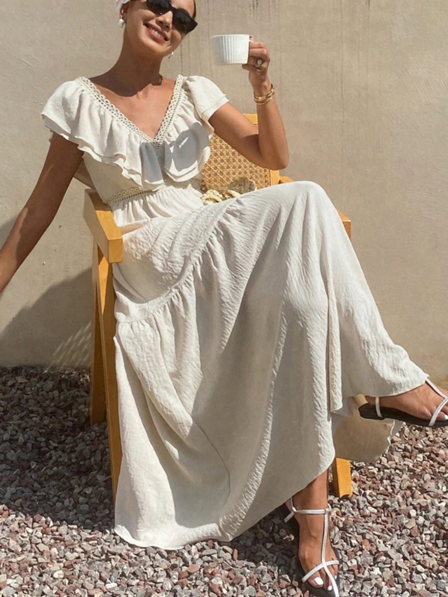 Lace-trimmed Loose-fitting V-neck Apricot Long Dress - Image 6
