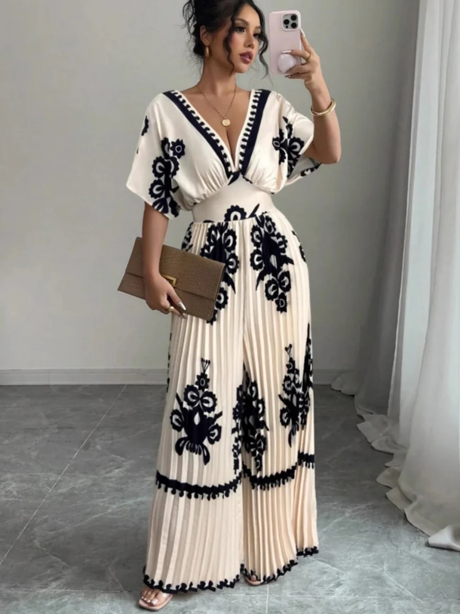 Ethnic-style Printed Loose Short-sleeved Jumpsuit