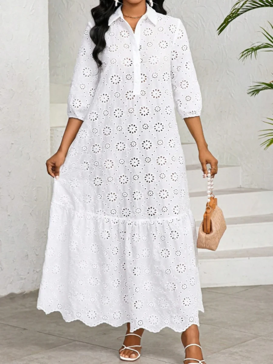 Three-quarter Sleeve Loose Shirt Collar Hollowed-out Lace Long Dress - Image 6