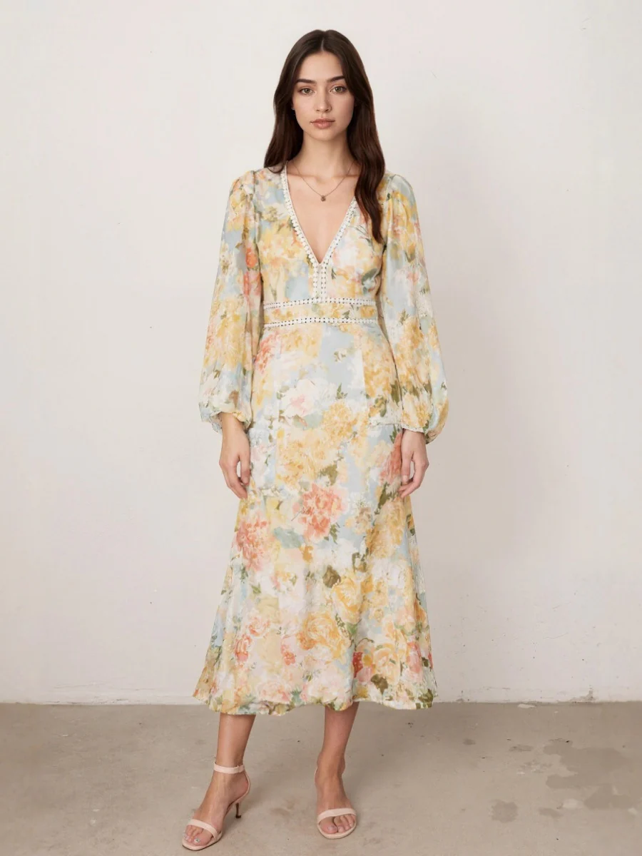 Floral Print Long-Sleeved Bodycon Slim Fit Long Dress