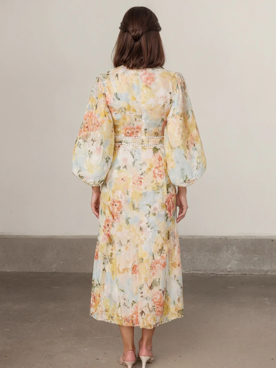 Floral Print Long-Sleeved Bodycon Slim Fit Long Dress - Image 2
