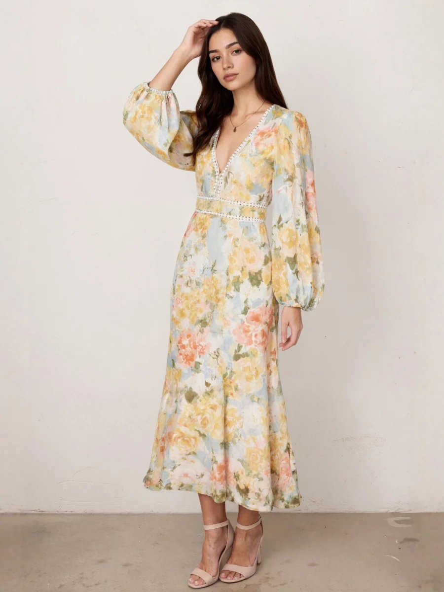 Floral Print Long-Sleeved Bodycon Slim Fit Long Dress - Image 3
