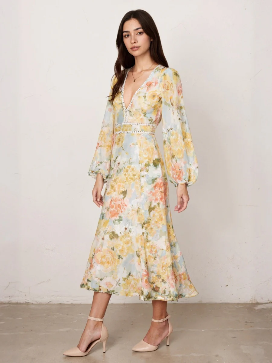 Floral Print Long-Sleeved Bodycon Slim Fit Long Dress - Image 4
