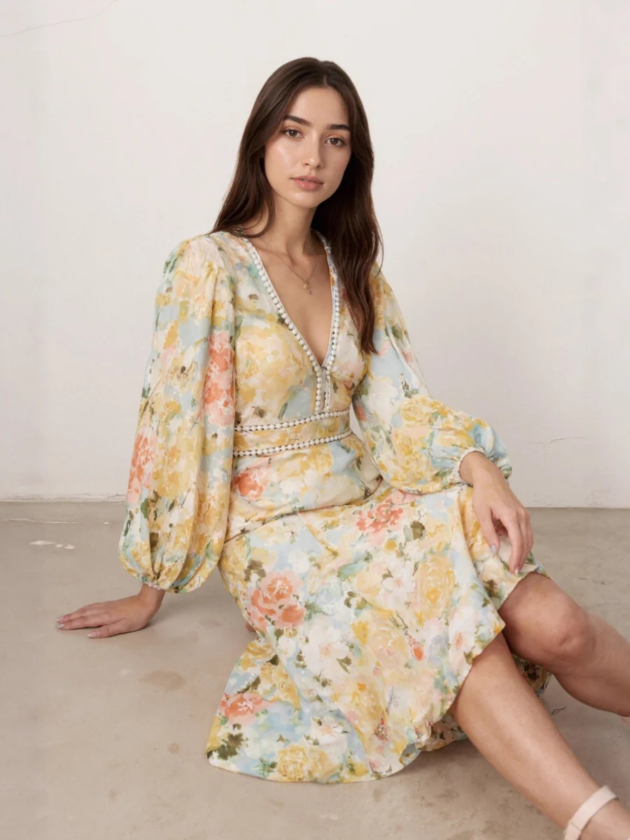 Floral Print Long-Sleeved Bodycon Slim Fit Long Dress - Image 5