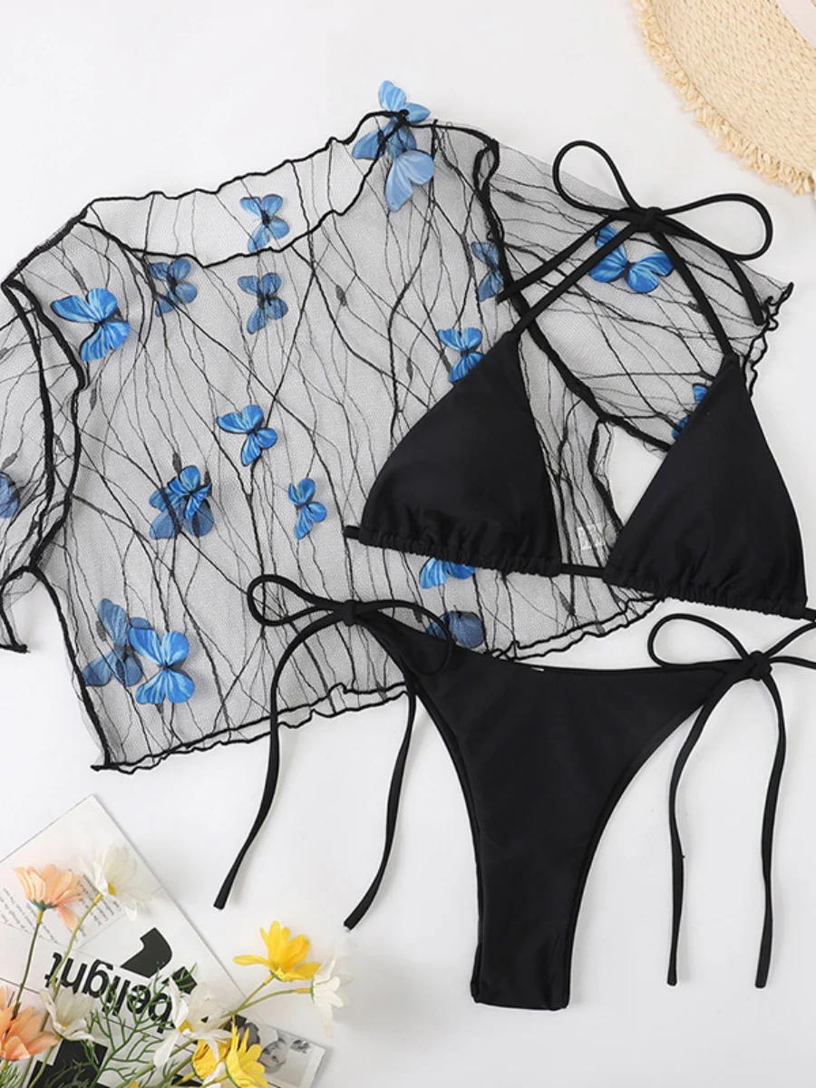 Butterfly Mesh Bikini Three-Piece Set - Image 2