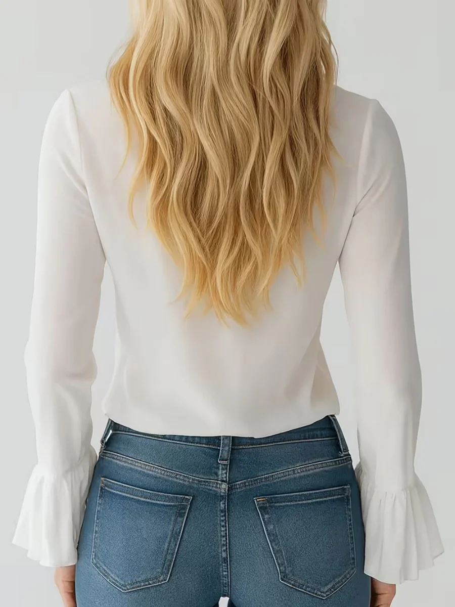 V-neck French Ruffle Puff Sleeve Chiffon Blouse - Image 2