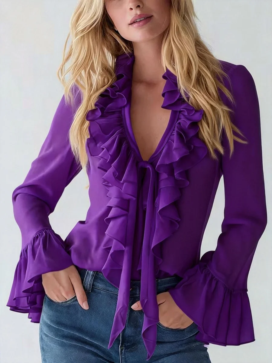 V-neck French Ruffle Puff Sleeve Chiffon Blouse - Image 6