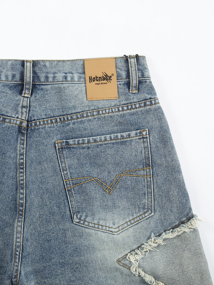 Five-pointed Star Patchwork Loose-fit Straight-fit Denim Mid-length Pants Shorts - Image 4
