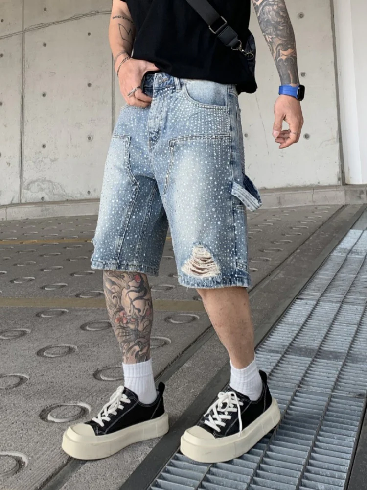 Diamond Full Diamond Hole Gradient 7 Points Denim Shorts - Image 8