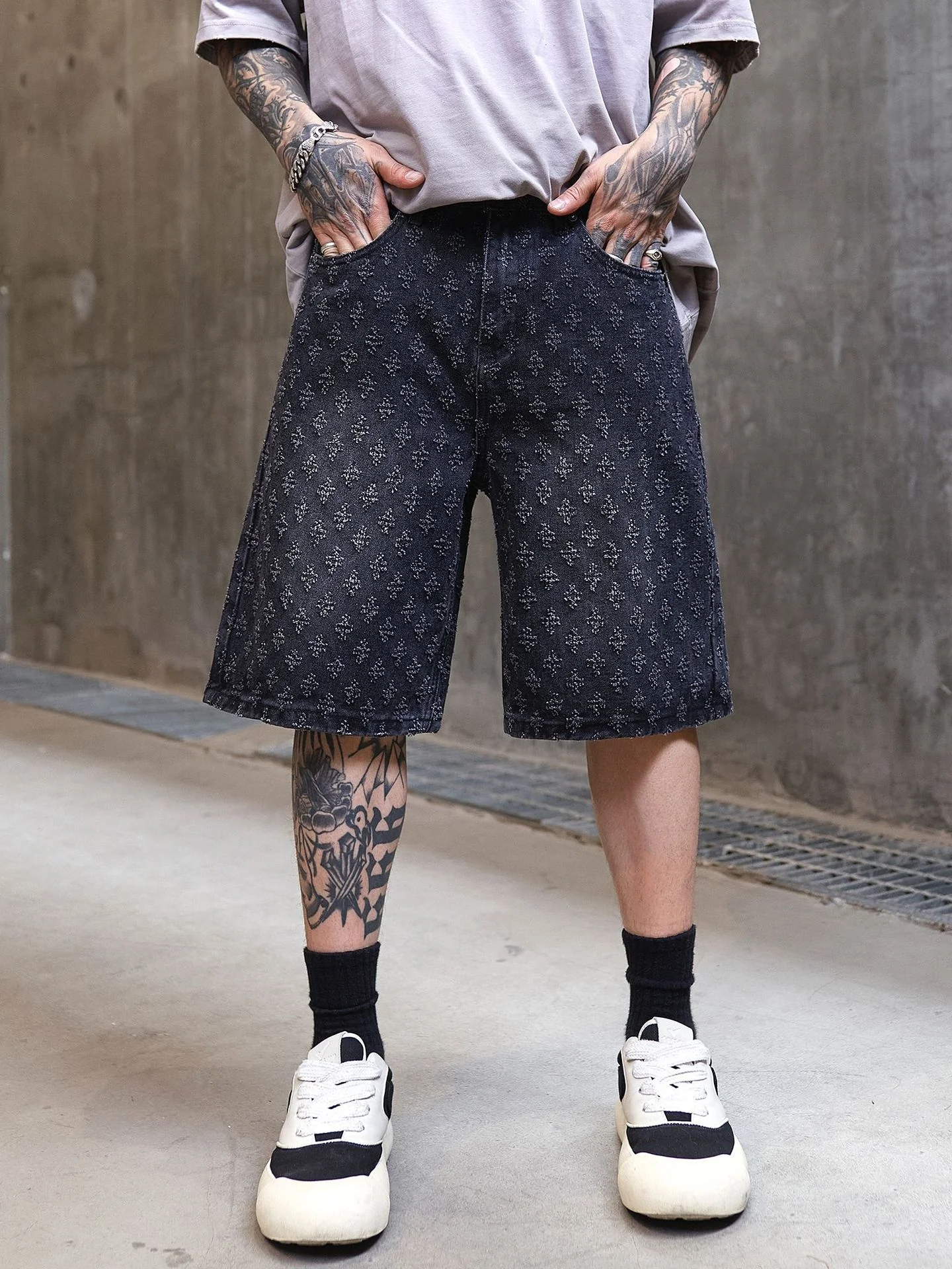 Jacquard Full Print Denim Lightweight Straight-fit Five Points Shorts