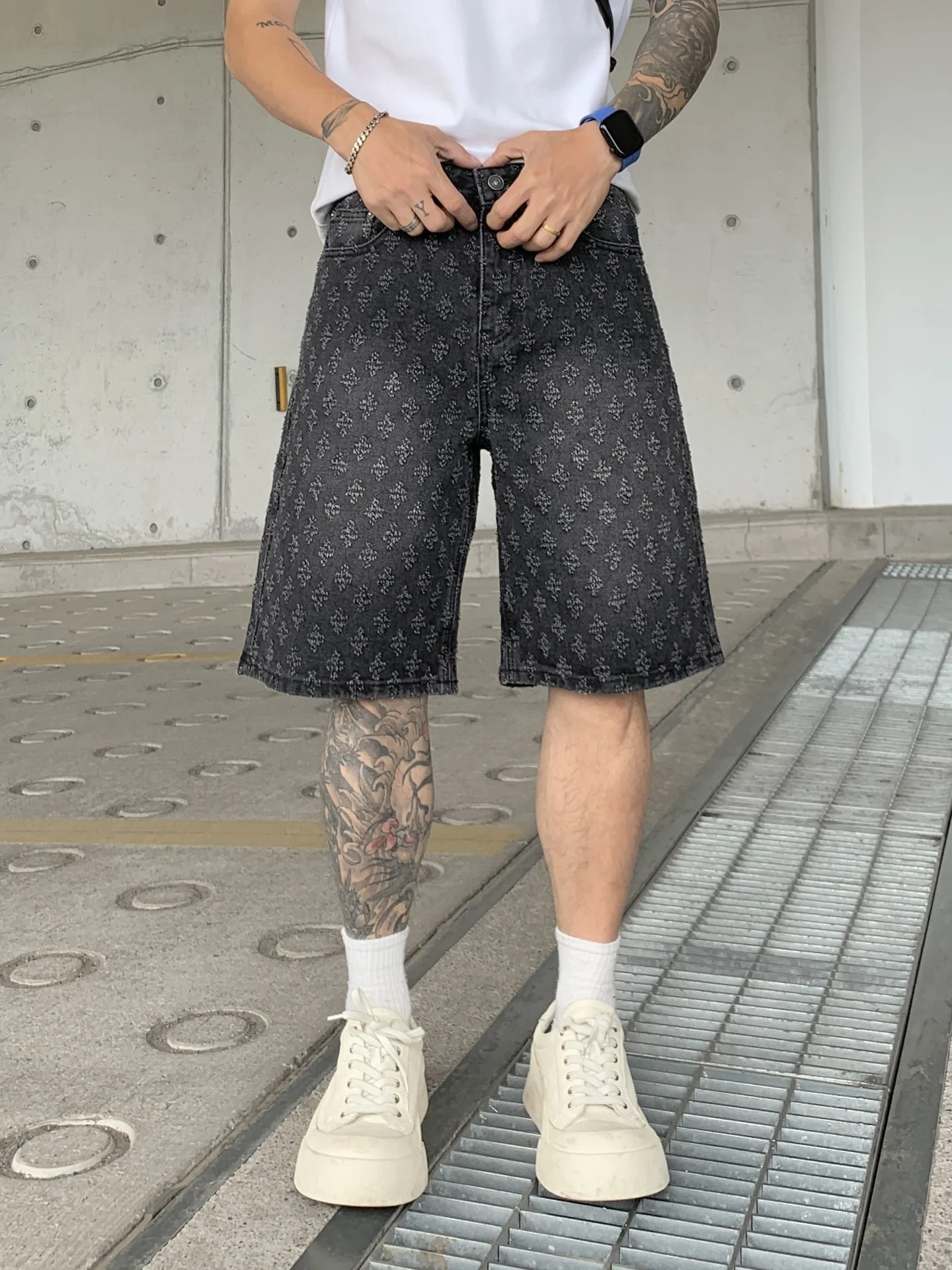 Jacquard Full Print Denim Lightweight Straight-fit Five Points Shorts - Image 4
