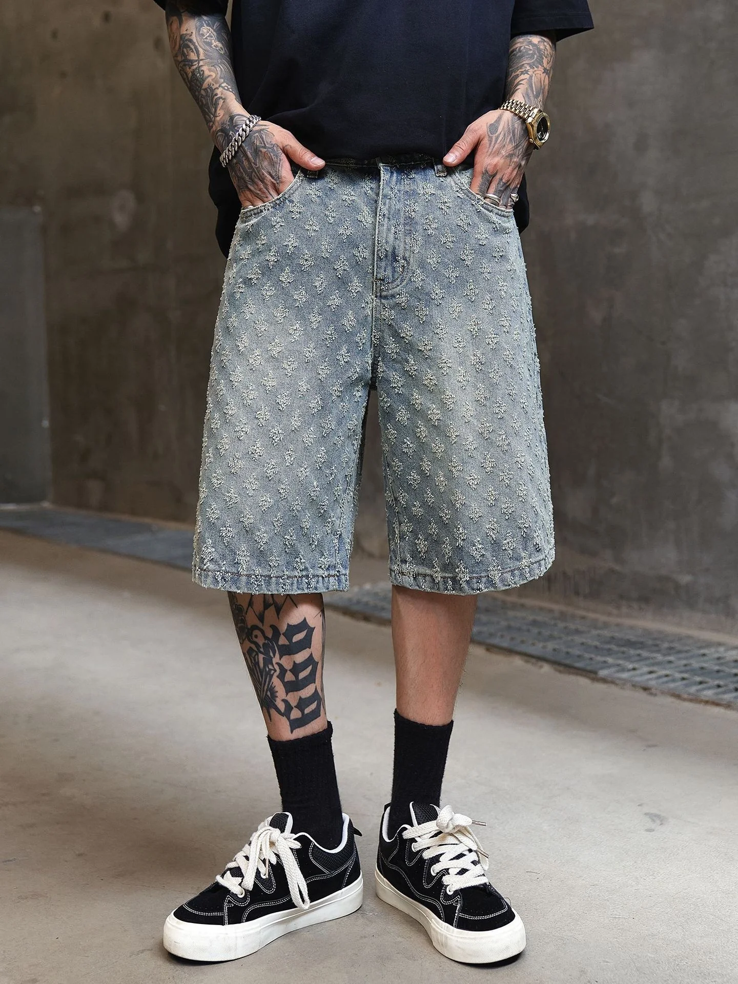 Jacquard Full Print Denim Lightweight Straight-fit Five Points Shorts - Image 7