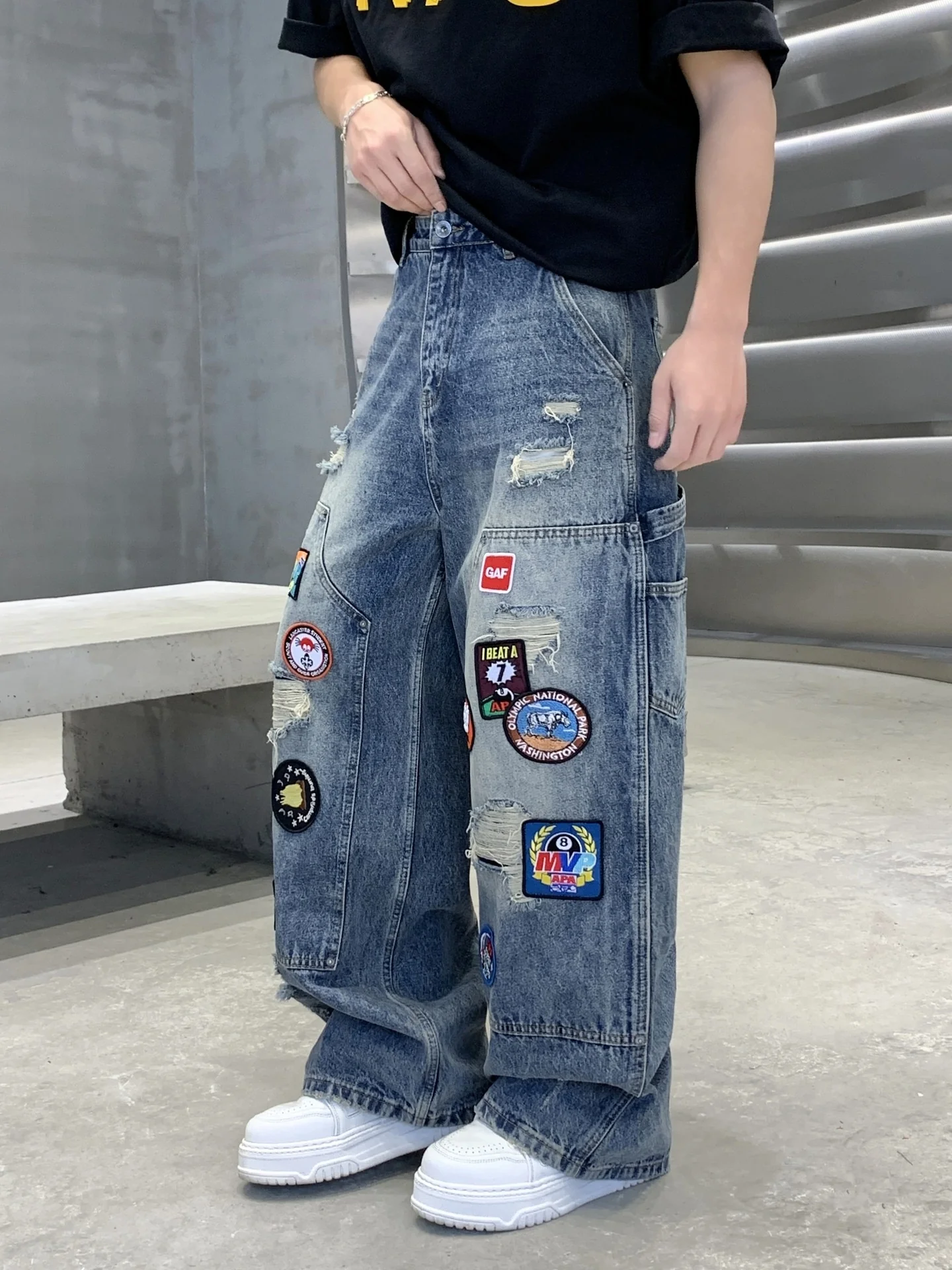 Badge Embroidery Denim Loose-fit Patchwork Fake Hole Wide-leg Jeans
