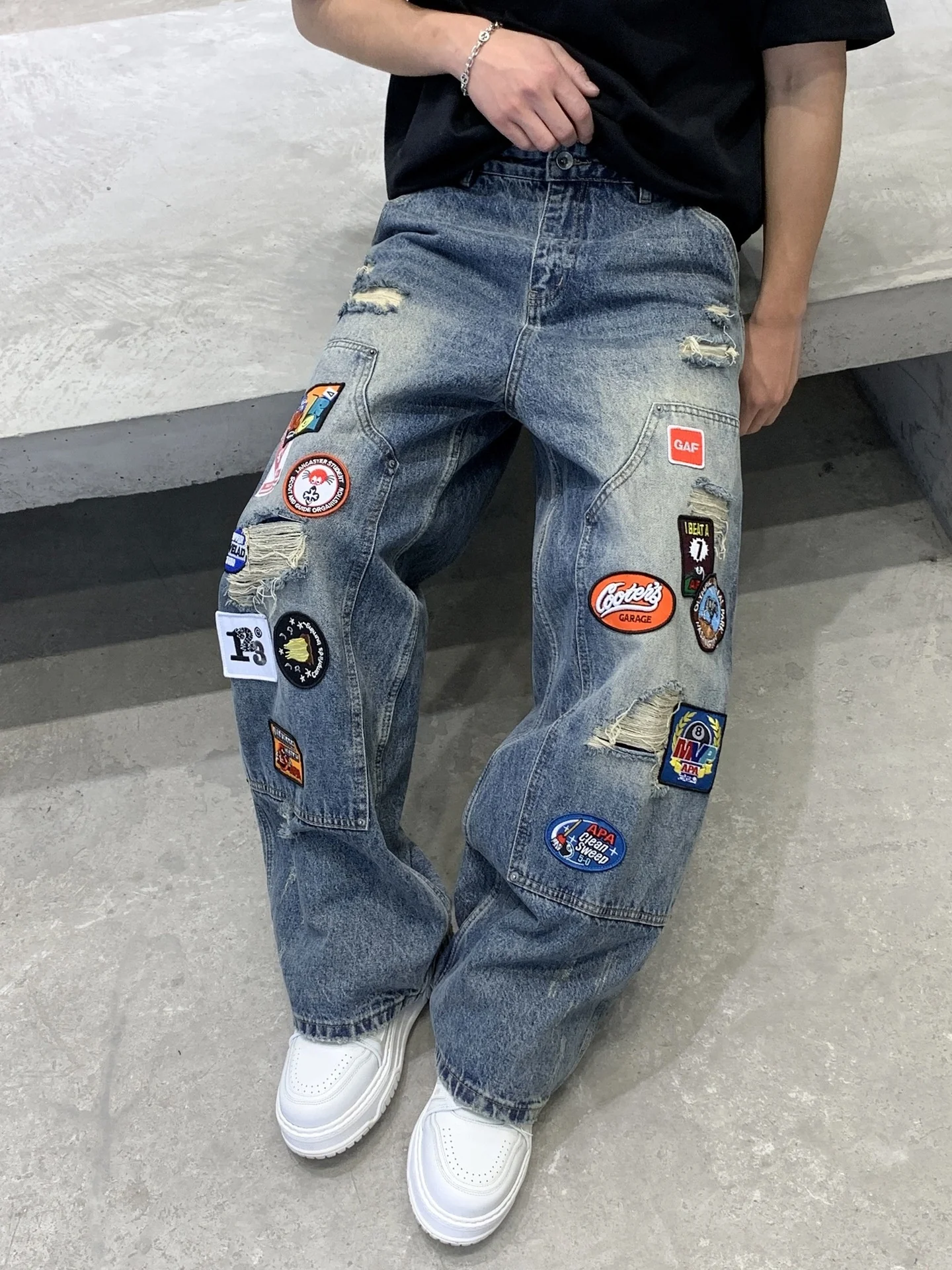 Badge Embroidery Denim Loose-fit Patchwork Fake Hole Wide-leg Jeans - Image 2
