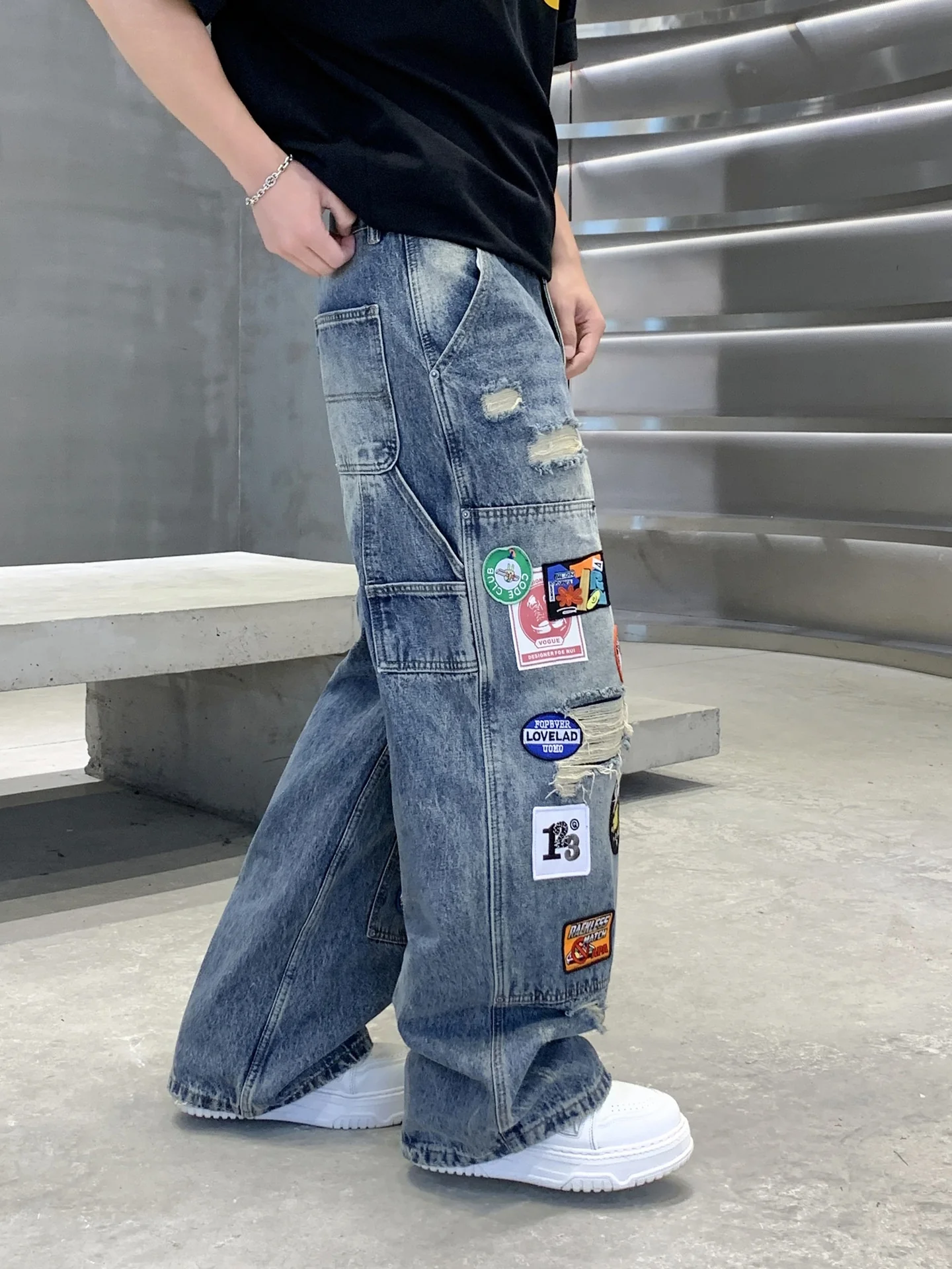 Badge Embroidery Denim Loose-fit Patchwork Fake Hole Wide-leg Jeans - Image 3