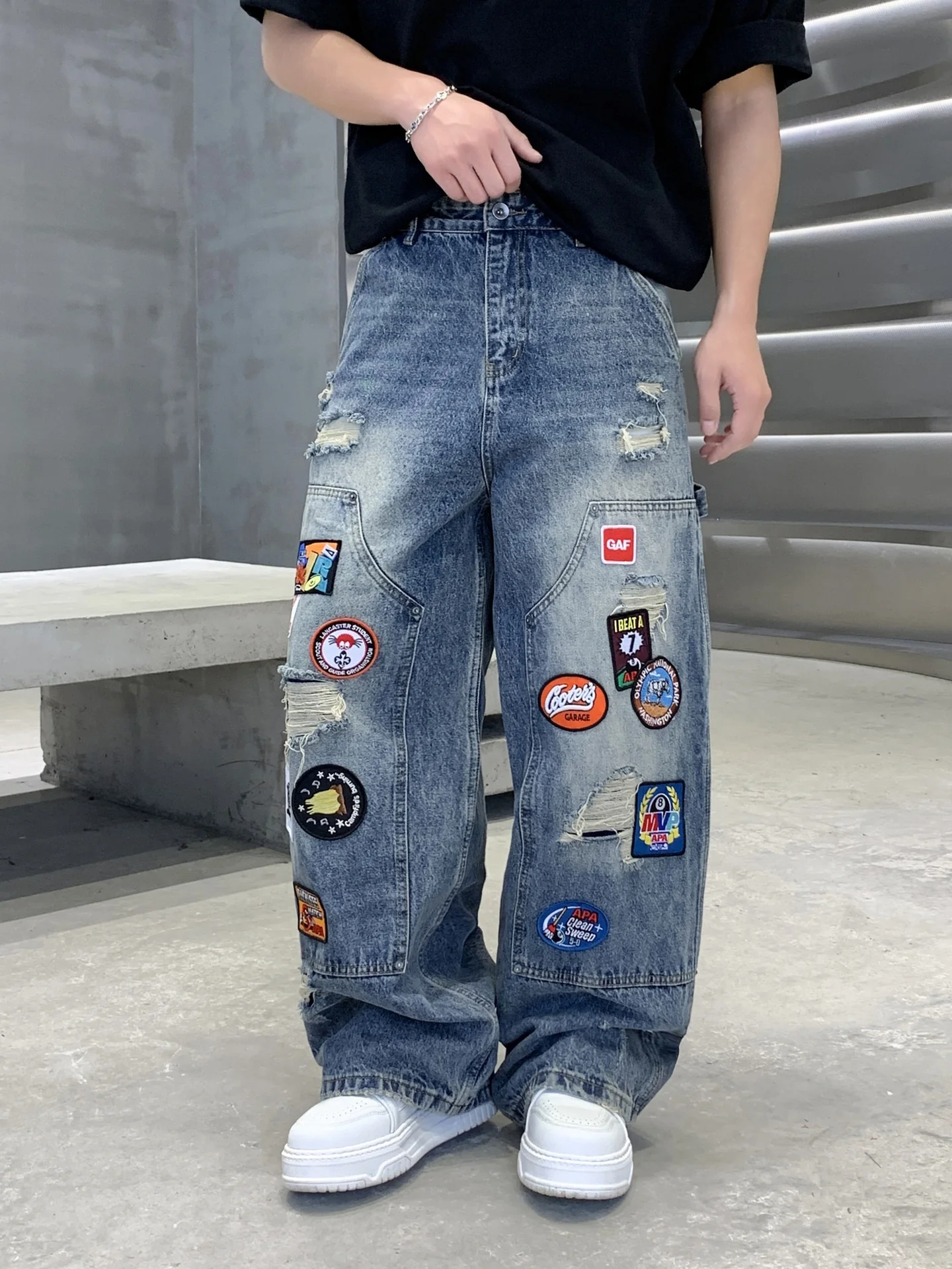 Badge Embroidery Denim Loose-fit Patchwork Fake Hole Wide-leg Jeans - Image 5