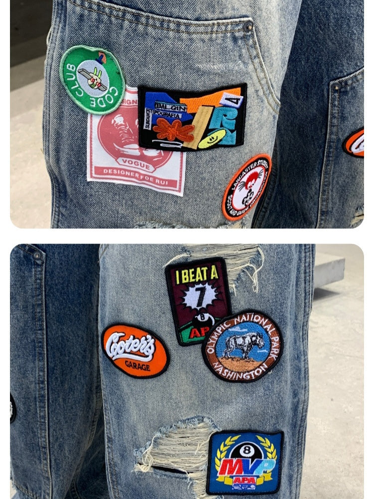 Badge Embroidery Denim Loose-fit Patchwork Fake Hole Wide-leg Jeans - Image 6
