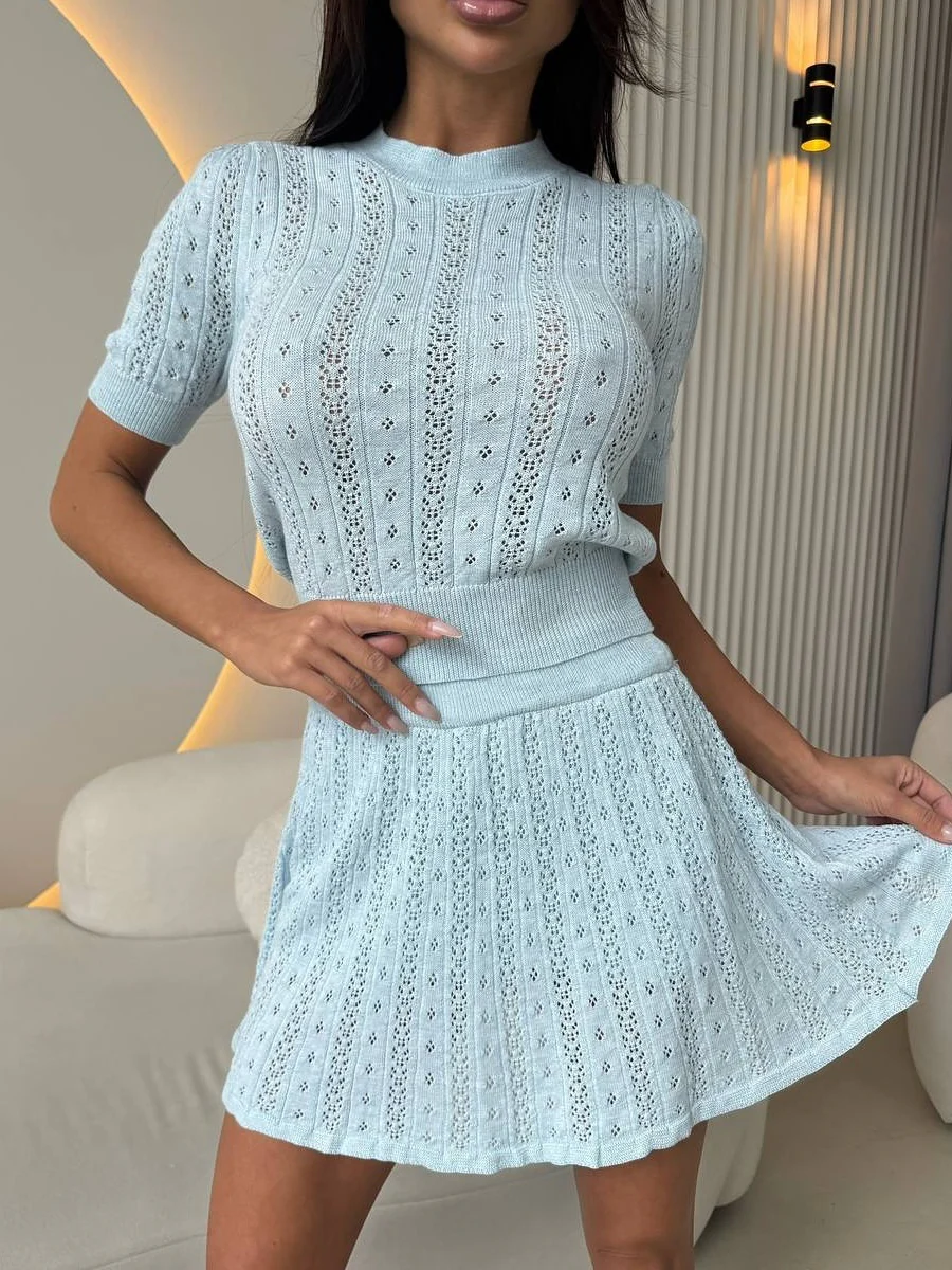 Jacquard Knitting Hollow Short-sleeved Top Skirts Set 2-piece Sets - Image 10