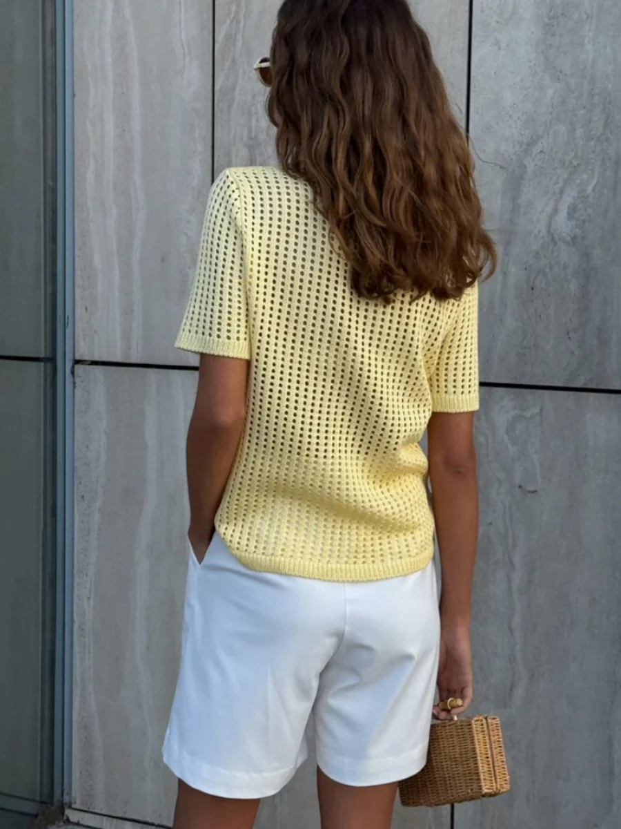 Hollow Crochet Lapel Short Sleeve Knitwear T-shirts - Image 2