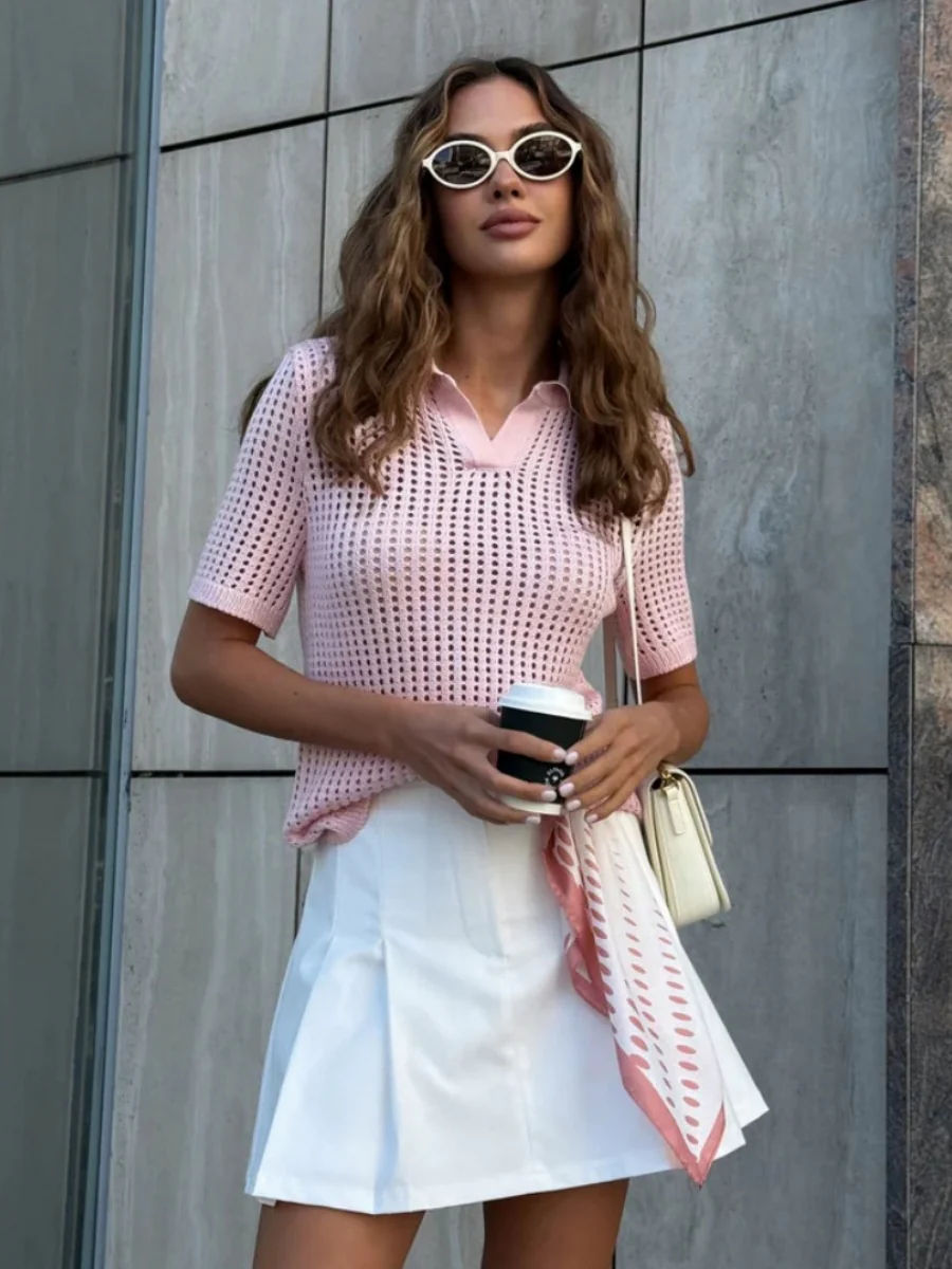 Hollow Crochet Lapel Short Sleeve Knitwear T-shirts - Image 4
